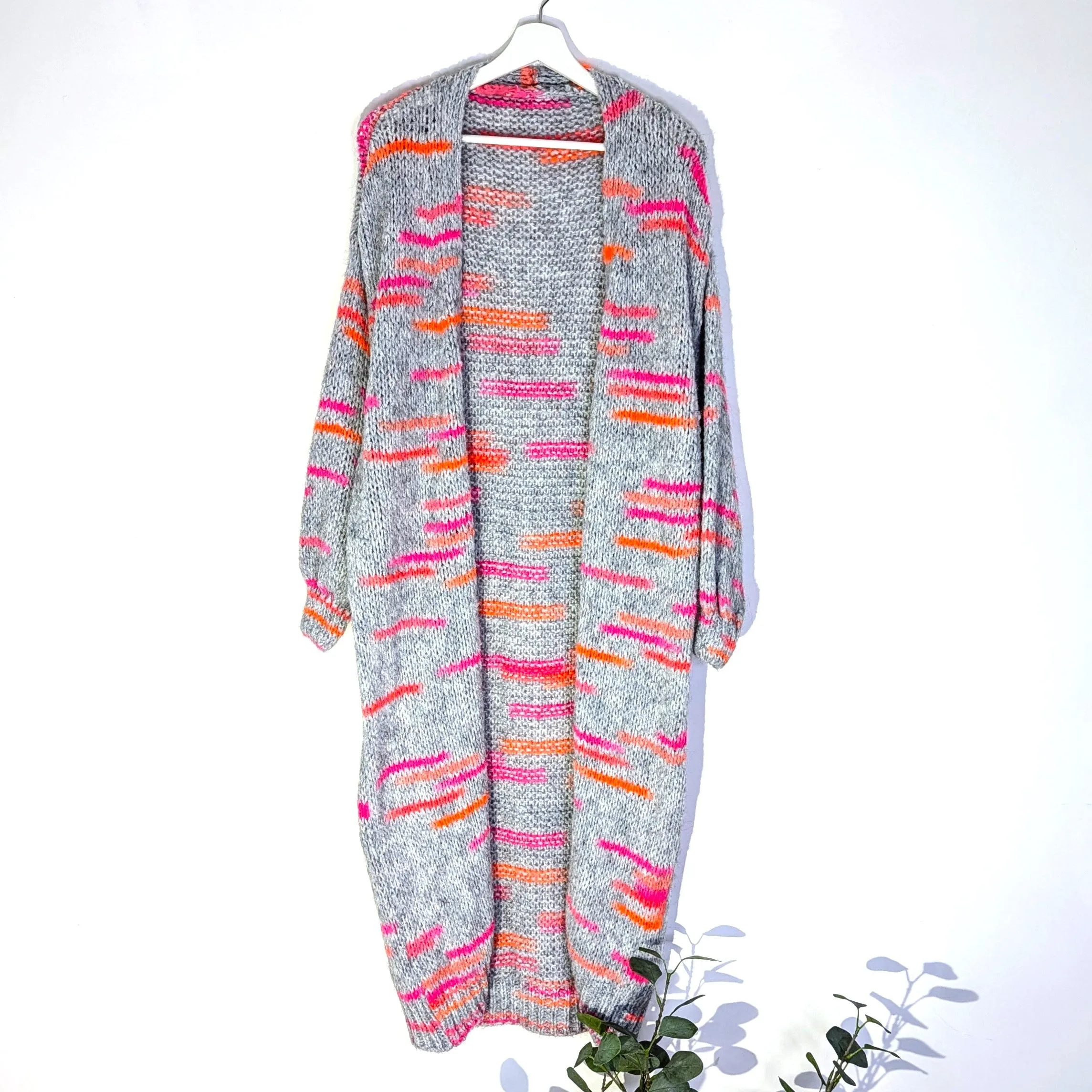 Alpaca mix long fleck cardi with fuchsia and neon (M-L)