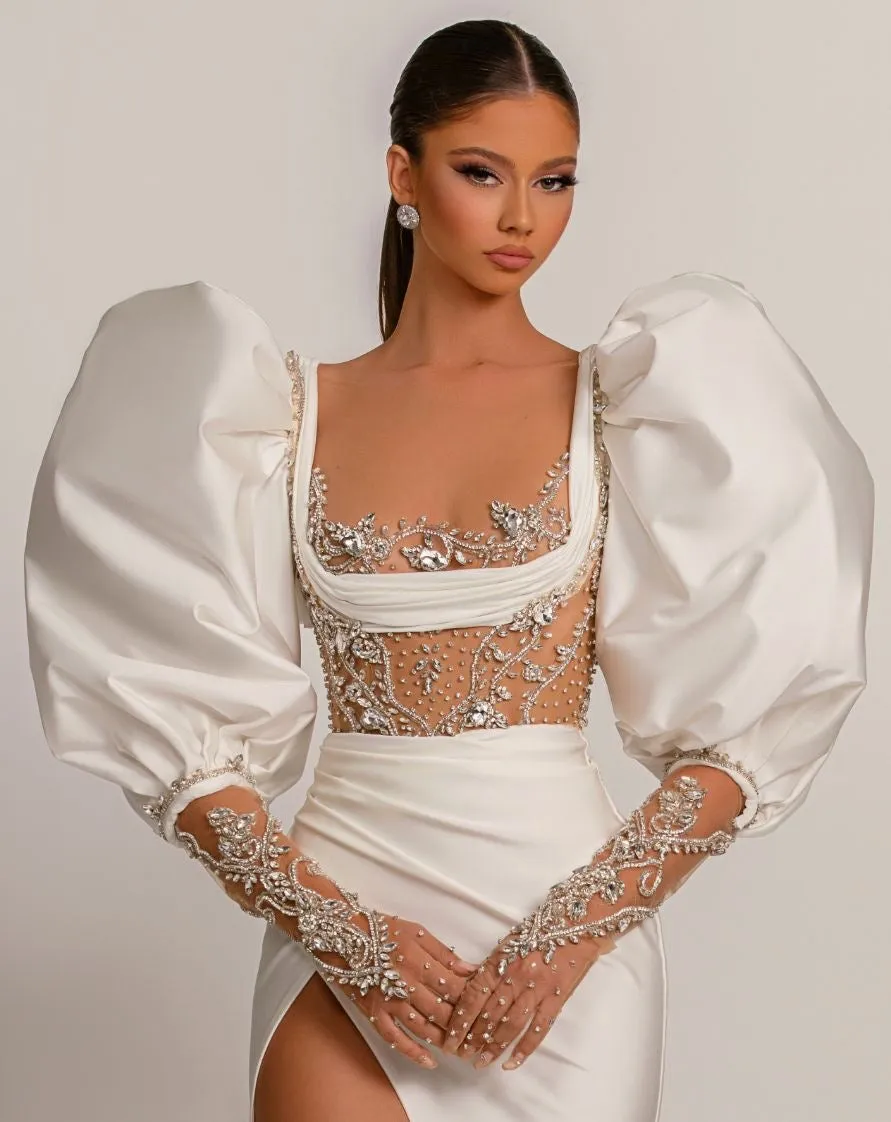 Cali Beautiful Puff Sleeves White Evening Dress