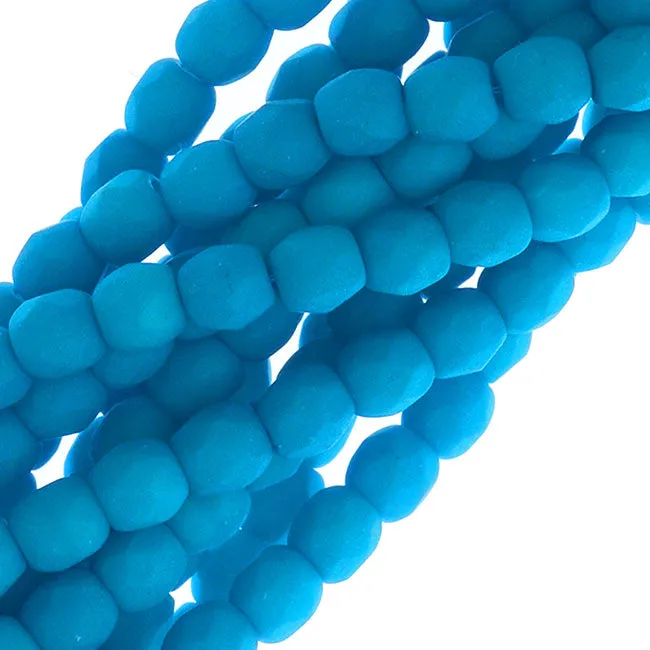 Czech Fire Polished Glass, 3mm Round Beads Neon Turquoise (1 Strand)