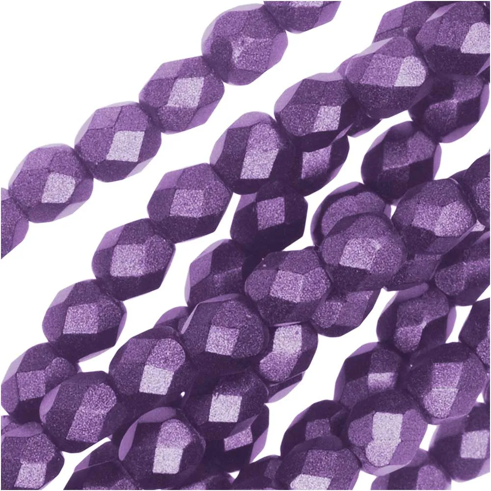 Czech Fire Polished Glass, 4mm Faceted Round Beads, Metallic Purple Suede (1 Strand)
