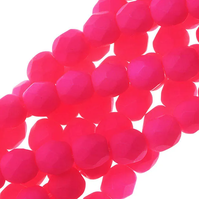 Czech Fire Polished Glass, 4mm Faceted Round Beads, Neon Pink (1 Strand)