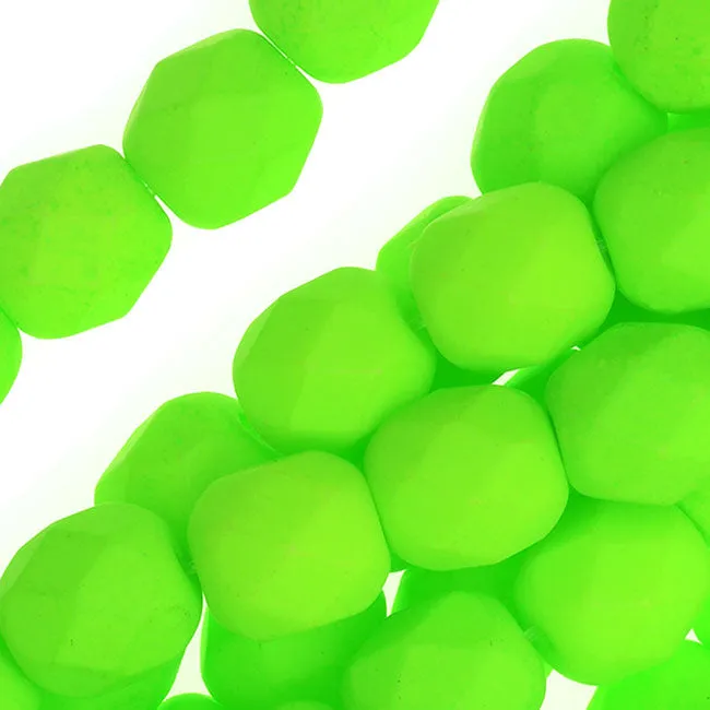 Czech Fire Polished Glass, 6mm Faceted Round Beads, Neon Lime (1 Strand)