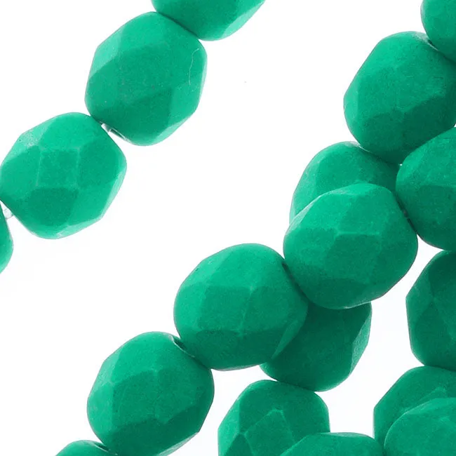 Czech Fire Polished Glass, 6mm Round Beads, Dark Neon Emerald (1 Strand)
