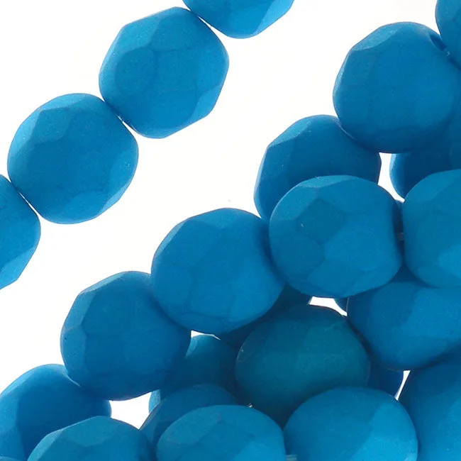 Czech Fire Polished Glass, 6mm Round Beads, Neon Turquoise (1 Strand)